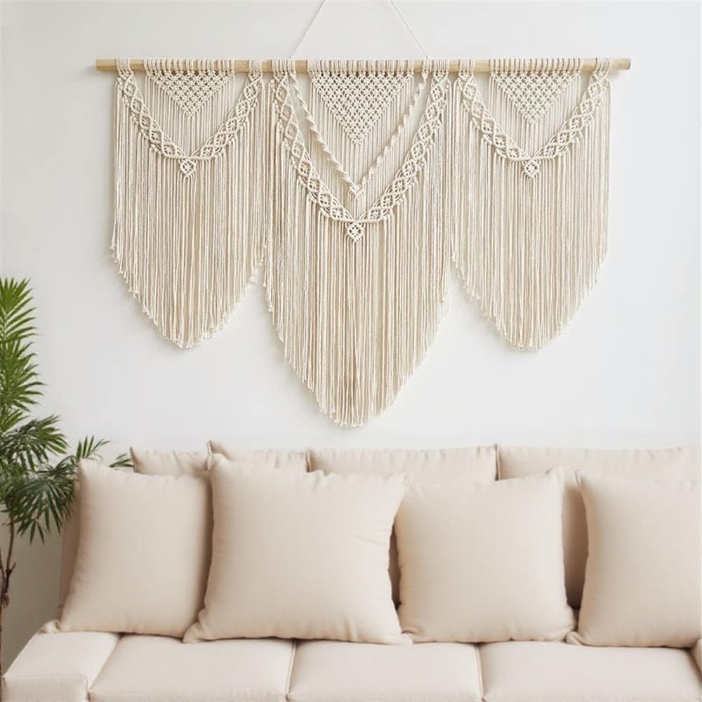 oiikain Large Handmade Boho Macrame Wall Hanging Tapestry - Chic Bohemian Woven Home Decor art for Living Room, Bedroom, and Wedding Parties (Beige, twelve rhombus)