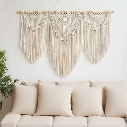 oiikain Large Handmade Boho Macrame Wall Hanging Tapestry - Chic Bohemian Woven Home Decor art for Living Room, Bedroom, and Wedding Parties (Beige, twelve rhombus)