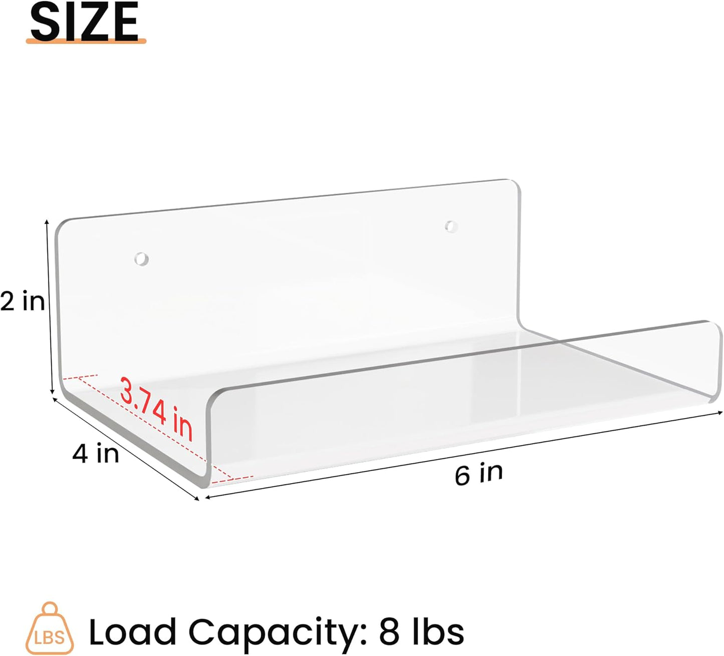 upsimples 6 Pack Acrylic Shelves for Wall Storage, 15" x 4“ Floating Bookshelves for Kids, Display Shelf Organizer for Bathroom, Bedroom, Living Room, Kitchen, Room Decor, Clear
