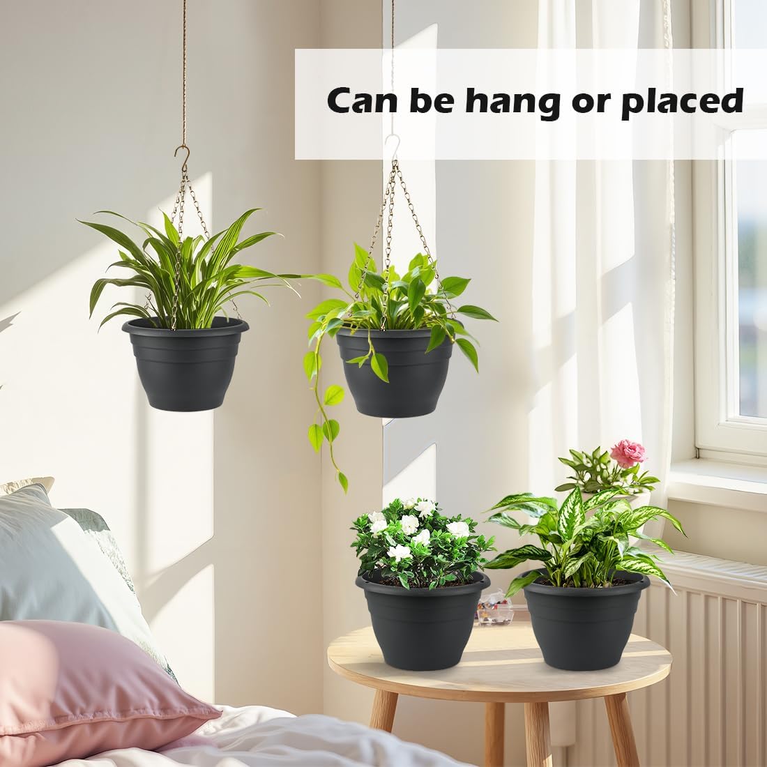 RooTrimmer Hanging Planters for Indoor Outdoor Plants 8 and 10 Inch, 4 Packs Hanging Flower Pot with Drainage Holes, Self-Watering Hanging Basket Perfect for Home, Office and Garden, White