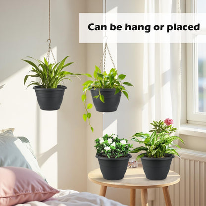 RooTrimmer Hanging Planters for Indoor Outdoor Plants 8 and 10 Inch, 4 Packs Hanging Flower Pot with Drainage Holes, Self-Watering Hanging Basket Perfect for Home, Office and Garden, White
