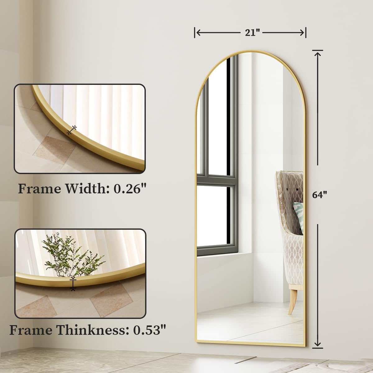 XRAMFY 56"x21" Arched Full Length Mirror Floor Mirrors with Aluminum Alloy Frame Free-Standing Wall Mounted Floor Mirrors or Large Dressing Mirror, Black Mirror Full Length