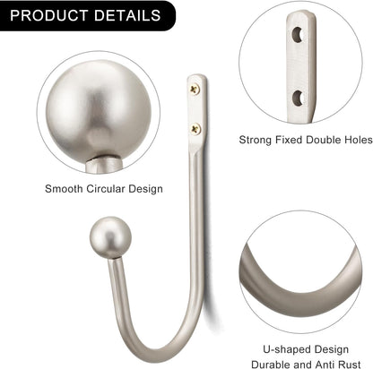2 Pack Curtain Holdbacks - Silver, Decorative Drapery Wall Hooks with Hardware, Curtain Pull Back Hooks, Metal Curtain Tiebacks Wall Mounted, Window Side Holders for Drapes, Curtain Accessories