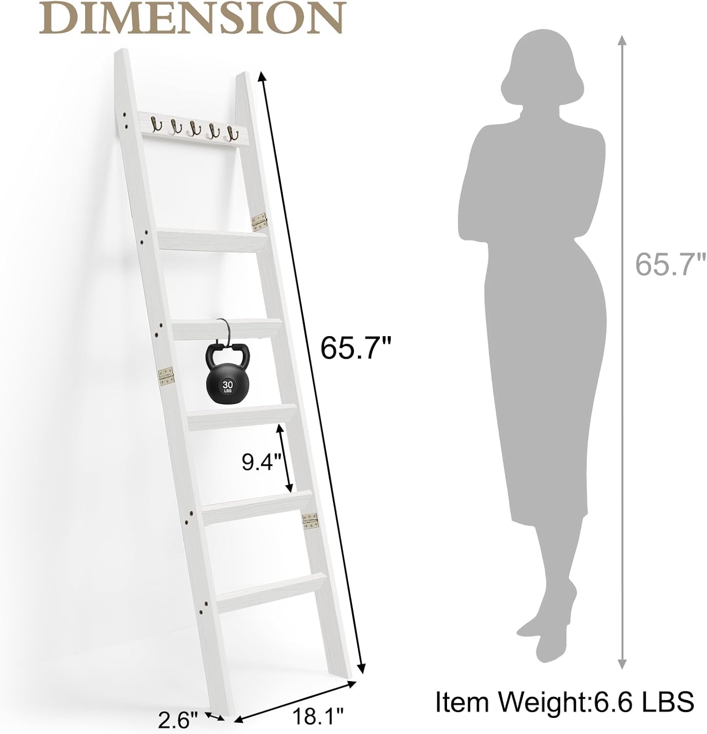 TEAKMAMA 6-Tier Blanket Ladder for Living Room and Bedroom,5.4 Ft Wall Leaning Quilt Rack with Hooks,Rustic Decorative Farmhouse Blanket Storage,Stylish Ladder Holder,Christmas Decorations,Black