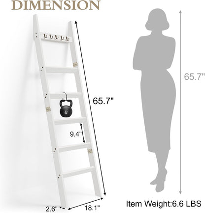 TEAKMAMA 6-Tier Blanket Ladder for Living Room and Bedroom,5.4 Ft Wall Leaning Quilt Rack with Hooks,Rustic Decorative Farmhouse Blanket Storage,Stylish Ladder Holder,Christmas Decorations,Black