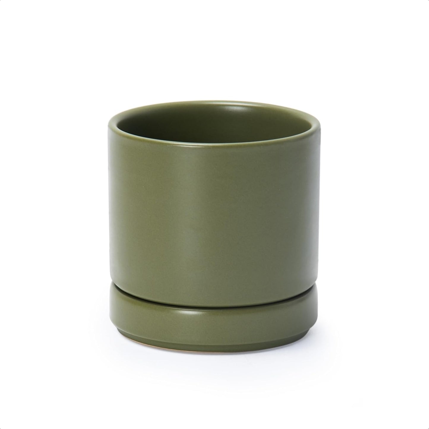 D'vine Dev 6.5 Inch Ceramic Planter Pot with Drainage Hole and Saucer, Indoor Cylinder Round Planter Pot, Olive, 94-O-C-J