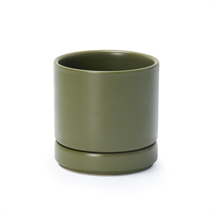 D'vine Dev 6.5 Inch Ceramic Planter Pot with Drainage Hole and Saucer, Indoor Cylinder Round Planter Pot, Olive, 94-O-C-J