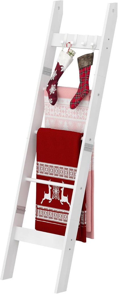 Hzuaneri Blanket Ladder for Living Room, Decorative Quilt Rack with 4 Removable Hooks, 5-Tier Farmhouse Ladder Holder Shelf Organizer for Bedroom, Rustic Brown and Black 02101BBR