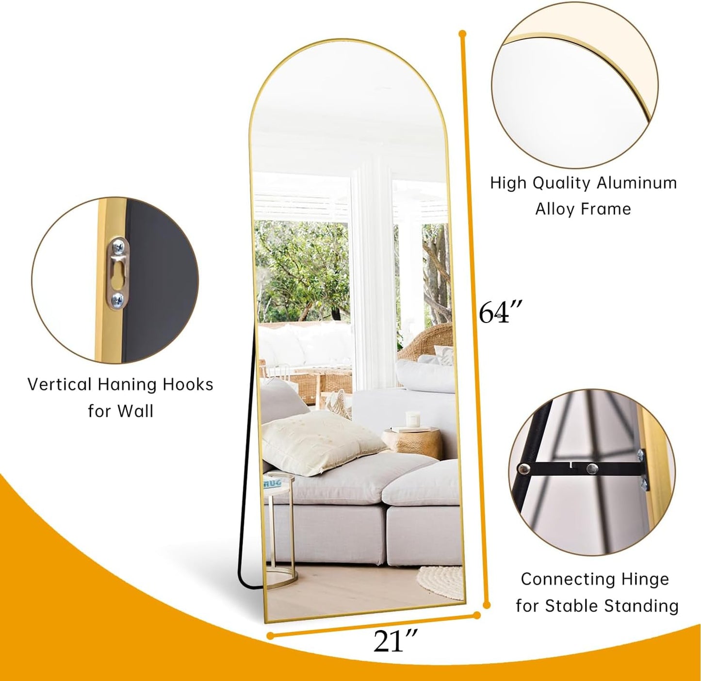Dewfig Arched Full Length Mirror, 76"x34" Large Floor Mirror, Full Body Mirrors for Leaning or Hanging, Standing Mirrors for Bedroom, Living Room,Dressing Room, Aluminum Alloy Frame, Black