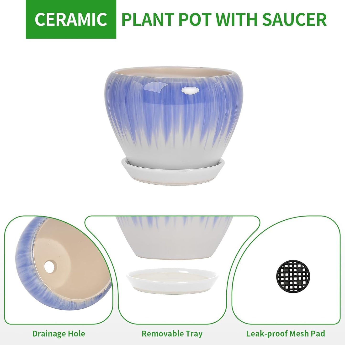 Deep Dream 6 Inch Plant Pots- Ceramic Planter Pot with Drainage Hole and Saucer, Round Flower Pot for Indoor Outdoor Succulent, Snake Plants and Cactus, Blue
