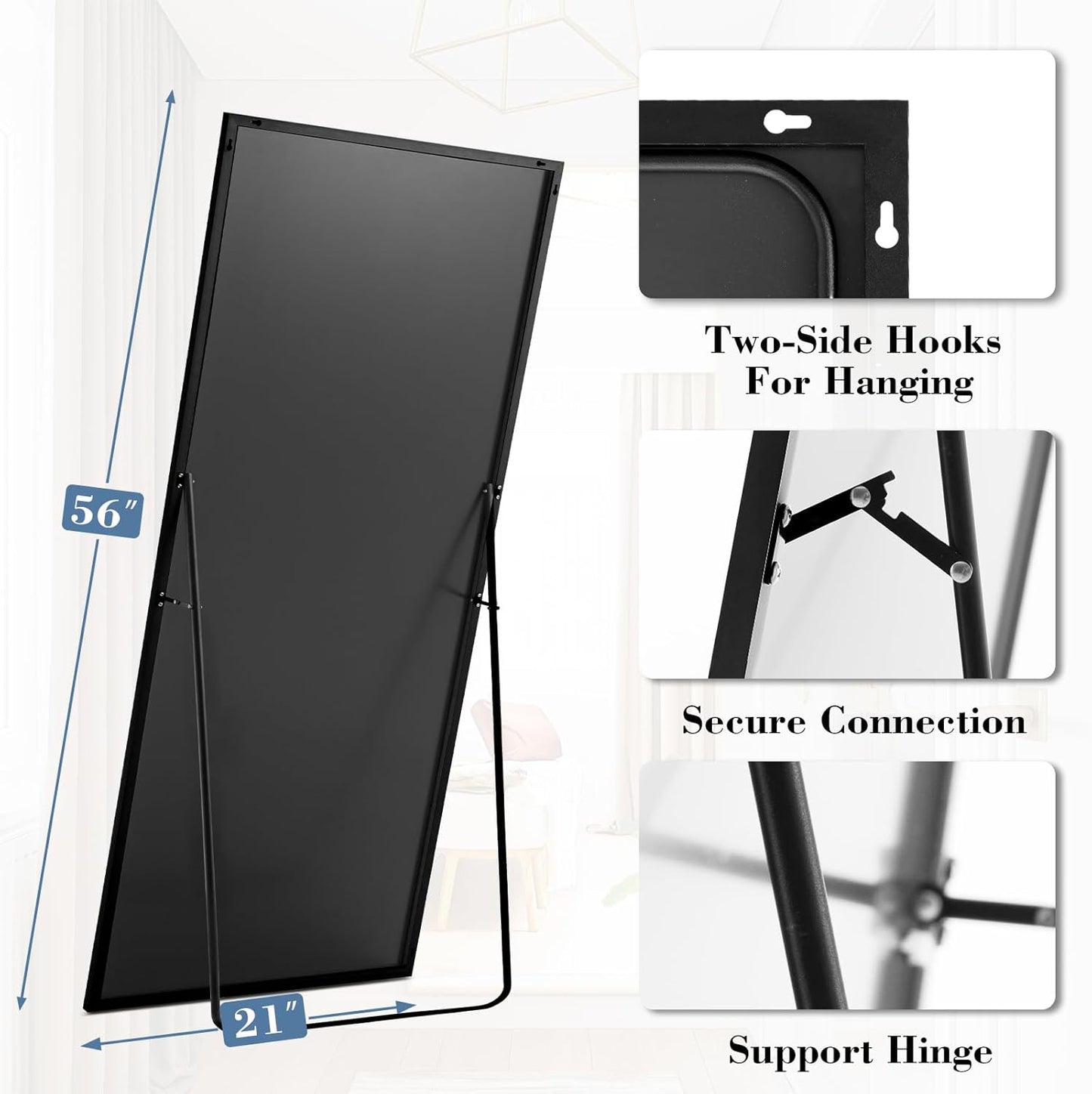 DUMOS Arched Full Length Mirror with Stand 64"x21" Floor Standing Aluminum Frame for Bedroom Body Hanging Leaning Modern Simple Home Decor Shatter-proorf Nano Glass Wall Living Room Cloakroom Black