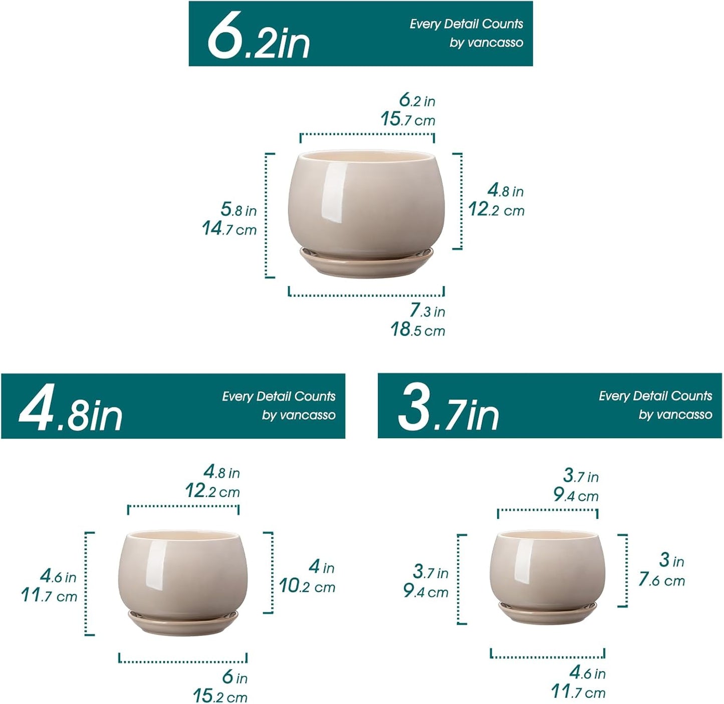 vancasso 3-Pack Ceramic Plant Pots, 3.7/4.8/6.2 Inch Indoor Planters with Saucers & Drainage Hole Planter pots for Indoor Plants and Flower, White