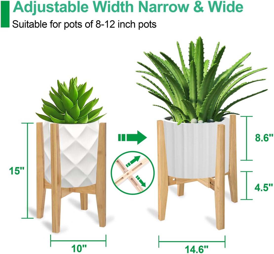 Rnined Adjustable Plant Stand Indoor,Bamboo Mid Century Modern Plants Stands, Stable Plant Holder,Fit 8 9 10 11 12 inch Pots (Pot & Plant Not Included)