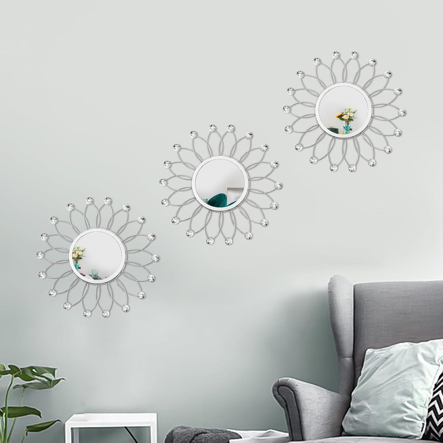 3 Pack Metal Mirrors for Wall Sunburst Wall Mirrors Home Décor Decorative Hanging Wall Art for Living Room Bedroom Entryway (Gold, Flower+Sunburst)