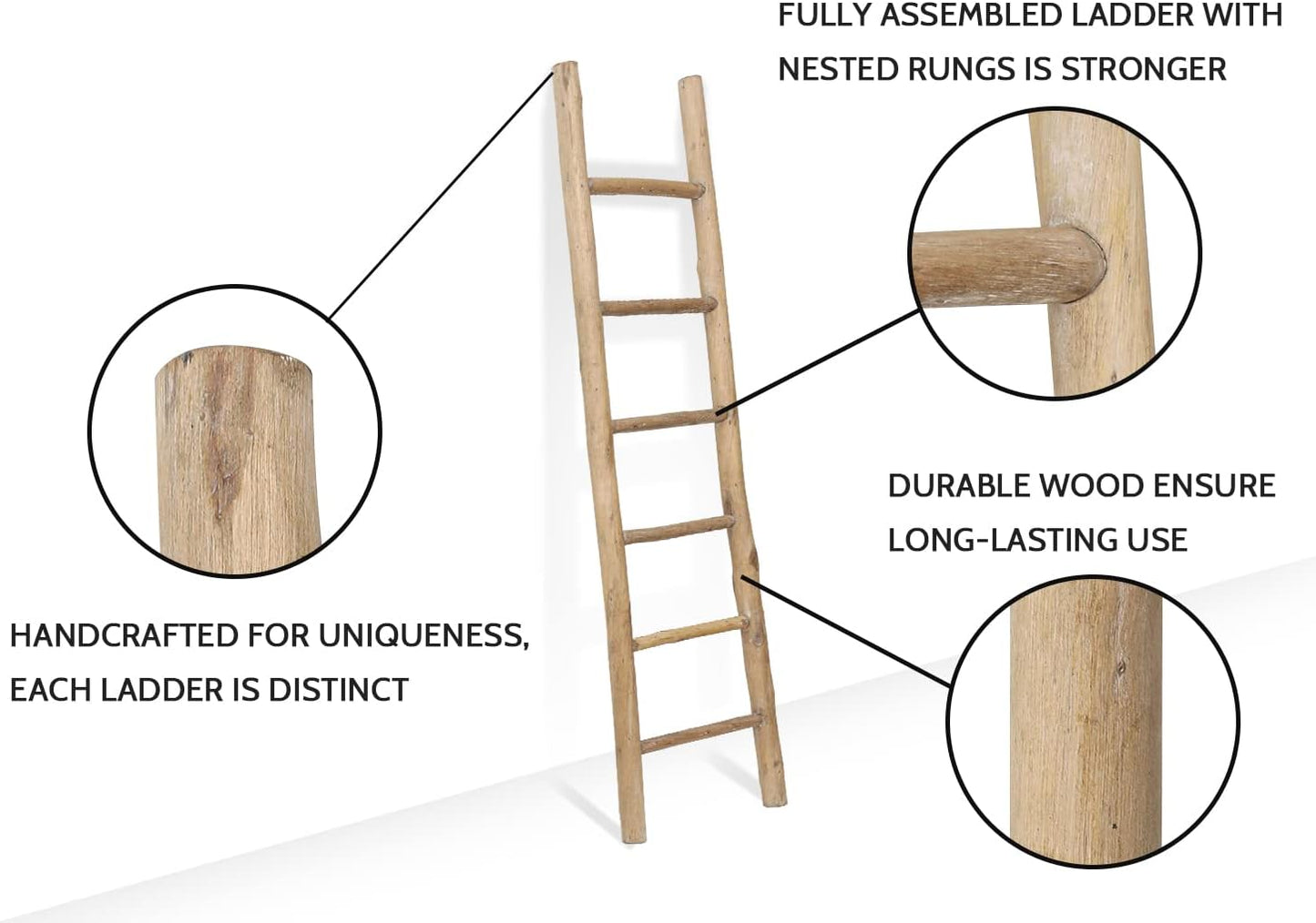 FUIN 57in Wood Blanket Ladder Living Room Decorative Wall Leaning Farmhouse Quilt Display Holder Rustic Wooden Towel Rack for Bathroom, Brown