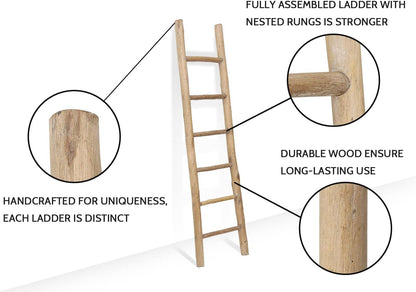 FUIN 57in Wood Blanket Ladder Living Room Decorative Wall Leaning Farmhouse Quilt Display Holder Rustic Wooden Towel Rack for Bathroom, Brown