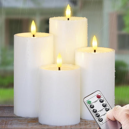 Yeelida Outdoor 4pcs Flameless Waterproof Candles with Handy Remote Control, Cycle Timer Battery Operated Candle Grease Effect LED Flickering Pillar Plastic Long Lasting (Ivory, 3" x4" 5" 6" 7")