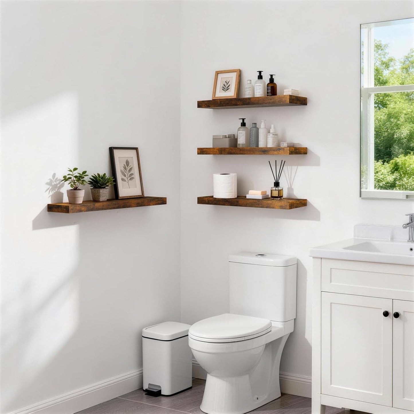 BAYKA Floating Shelves for Wall, Set of 3, Wall Mounted Rustic Wood Shelves for Bathroom, Bedroom, Living Room, Kitchen, Small Hanging Shelf for Books/Storage/Room Decor, Walnut-Like, 15.7in