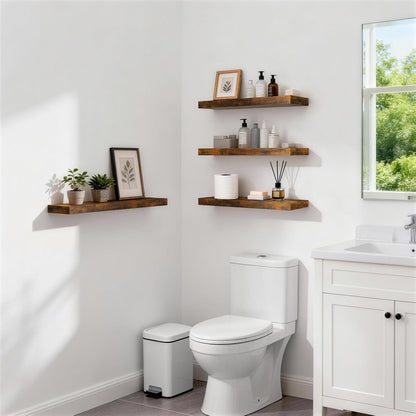 BAYKA Floating Shelves for Wall, Set of 3, Wall Mounted Rustic Wood Shelves for Bathroom, Bedroom, Living Room, Kitchen, Small Hanging Shelf for Books/Storage/Room Decor, Walnut-Like, 15.7in
