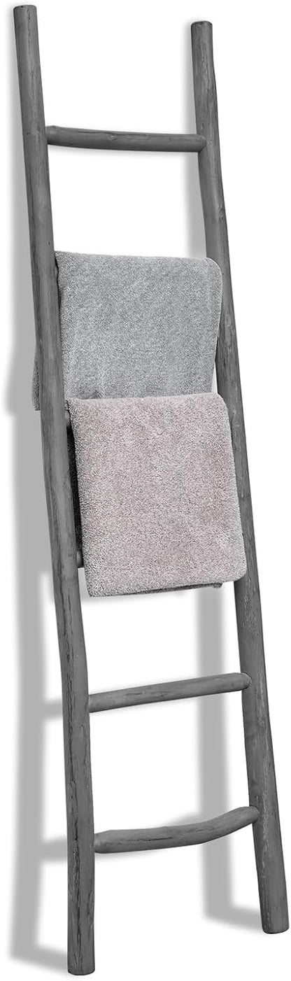 FUIN 57in Wood Blanket Ladder Living Room Decorative Wall Leaning Farmhouse Quilt Display Holder Rustic Wooden Towel Rack for Bathroom, Brown