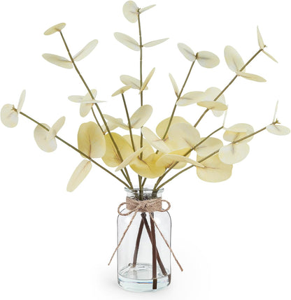 Bessol Artificial Eucalyptus Stems in Glass Vase with Faux Water, 13.5" Fake Plants for Home Decor, Coffee Table Centerpieces, Office, Bathroom & Farmhouse Weddings - Faux Greenery Plants Decorations
