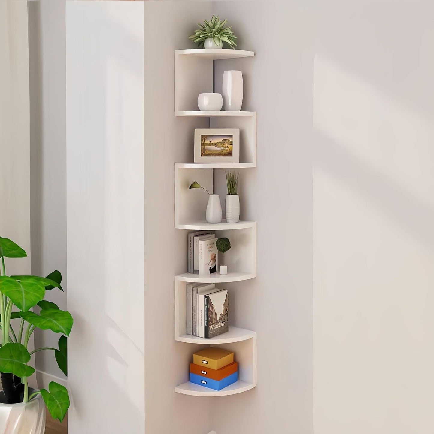 No-Drill Corner Shelf Wall Mount, 5-Tier Floating Corner Bookshelf with Hooks, Space-Saving Zigzag Plant Shelf for Bedroom, Living Room, Bathroom, Home Office