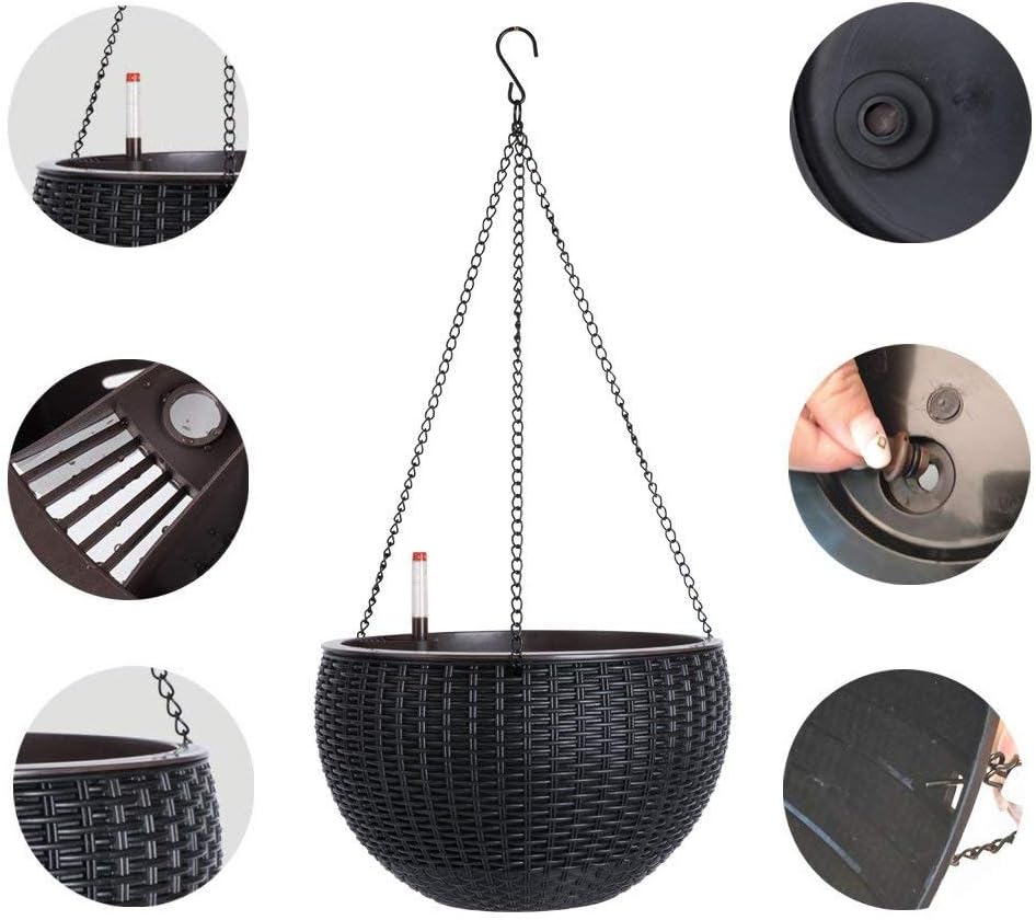Vencer 11 Inch Round Resin Rattan Hanging Planters,Self Watering Hanging Basket for Indoor Outdoor Plants,Hanging Flower Pots with Drain Hole and Metal Chain,Water Indicator,Coffee,VF-A15-C