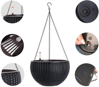 Vencer 11 Inch Round Resin Rattan Hanging Planters,Self Watering Hanging Basket for Indoor Outdoor Plants,Hanging Flower Pots with Drain Hole and Metal Chain,Water Indicator,Coffee,VF-A15-C