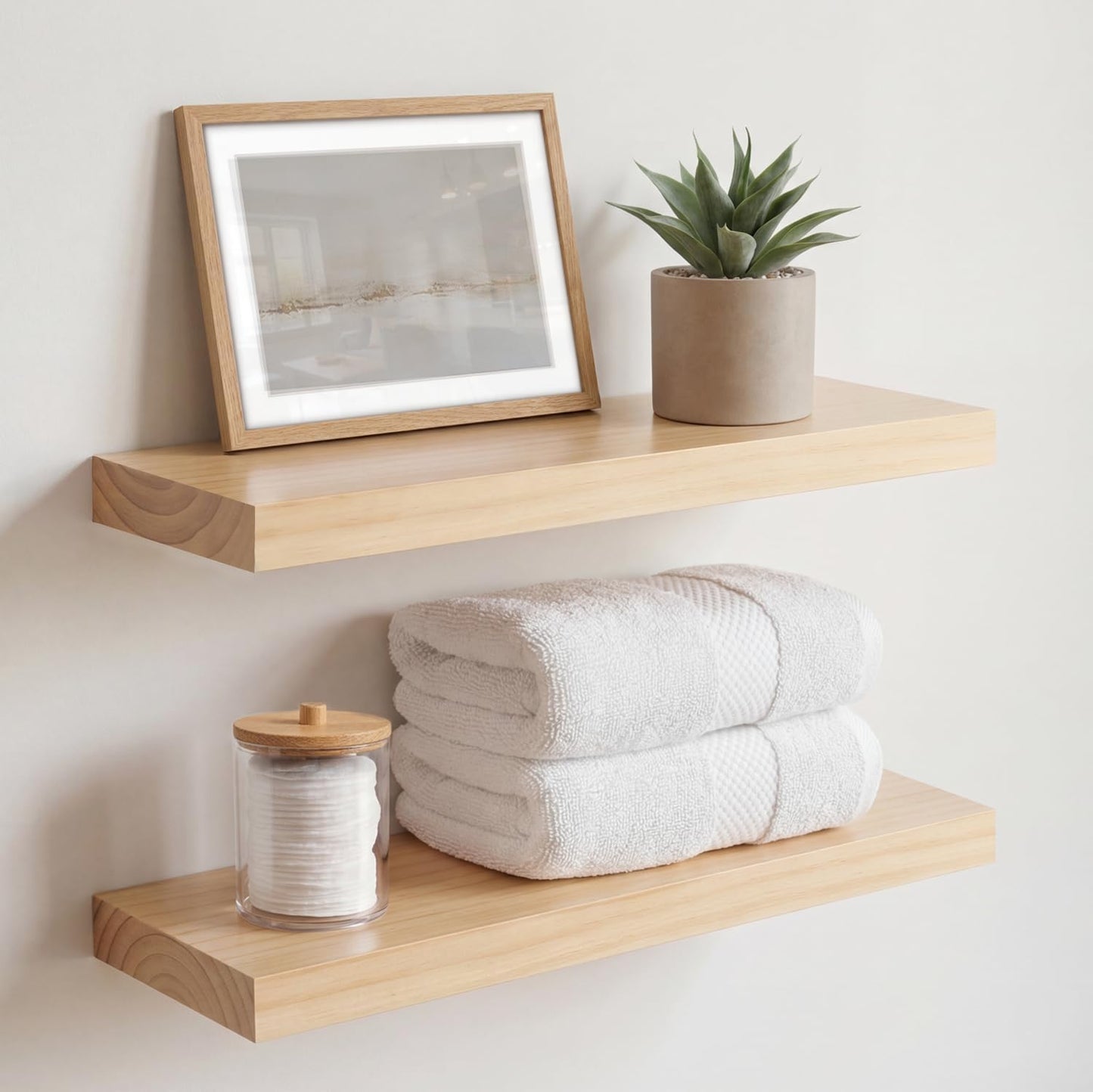 Homeforia 24 inch Natural Floating Shelf, High End Solid Real Wood 24inch Small Floating Shelves for Wall Mounted, Natural Wooden Floating Shelves, Heavy Duty Bracket, 24 X 6.5 X 1.75 in, Set of 2
