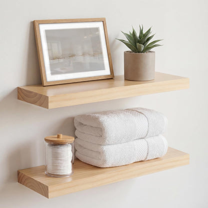 Homeforia 24 inch Natural Floating Shelf, High End Solid Real Wood 24inch Small Floating Shelves for Wall Mounted, Natural Wooden Floating Shelves, Heavy Duty Bracket, 24 X 6.5 X 1.75 in, Set of 2