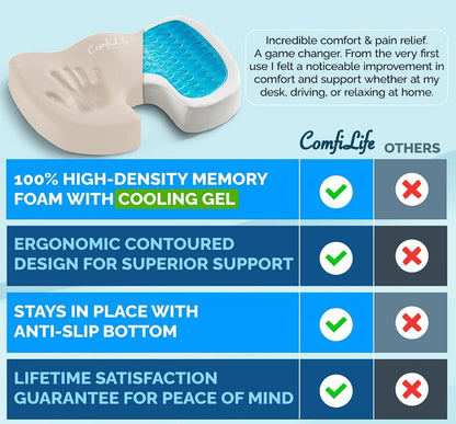 ComfiLife Premium Gel & Memory Foam Seat Cushion – Doctor Recommended Office Chair Cushion, Car Seat Cushion – Chair Cushions for Back & Sciatica Pain Relief – Seat Cushions for Office & Desk (Black)