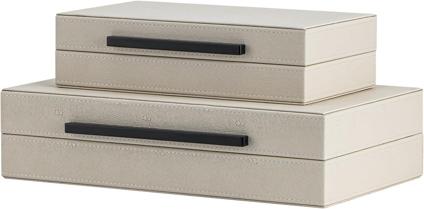 Set of 2 Shagreen Decorative Box, Modern Faux Leather Beige Decorative Storage Boxes with Lids and Metal Handles, Jewelry & Memory Box for Home, Office Decor (Beige+Gold Handles)
