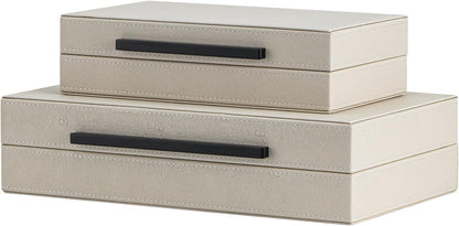 Set of 2 Shagreen Decorative Box, Modern Faux Leather Beige Decorative Storage Boxes with Lids and Metal Handles, Jewelry & Memory Box for Home, Office Decor (Beige+Gold Handles)