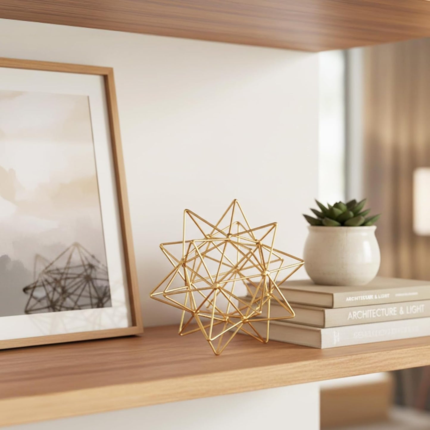 5.5" Gold Metal Geometric Sculpture, Modern Square Decorative Sphere, Small Tabletop Decoration Ball for Home Office Table Shelf Living Room Bedroom Desk Decor