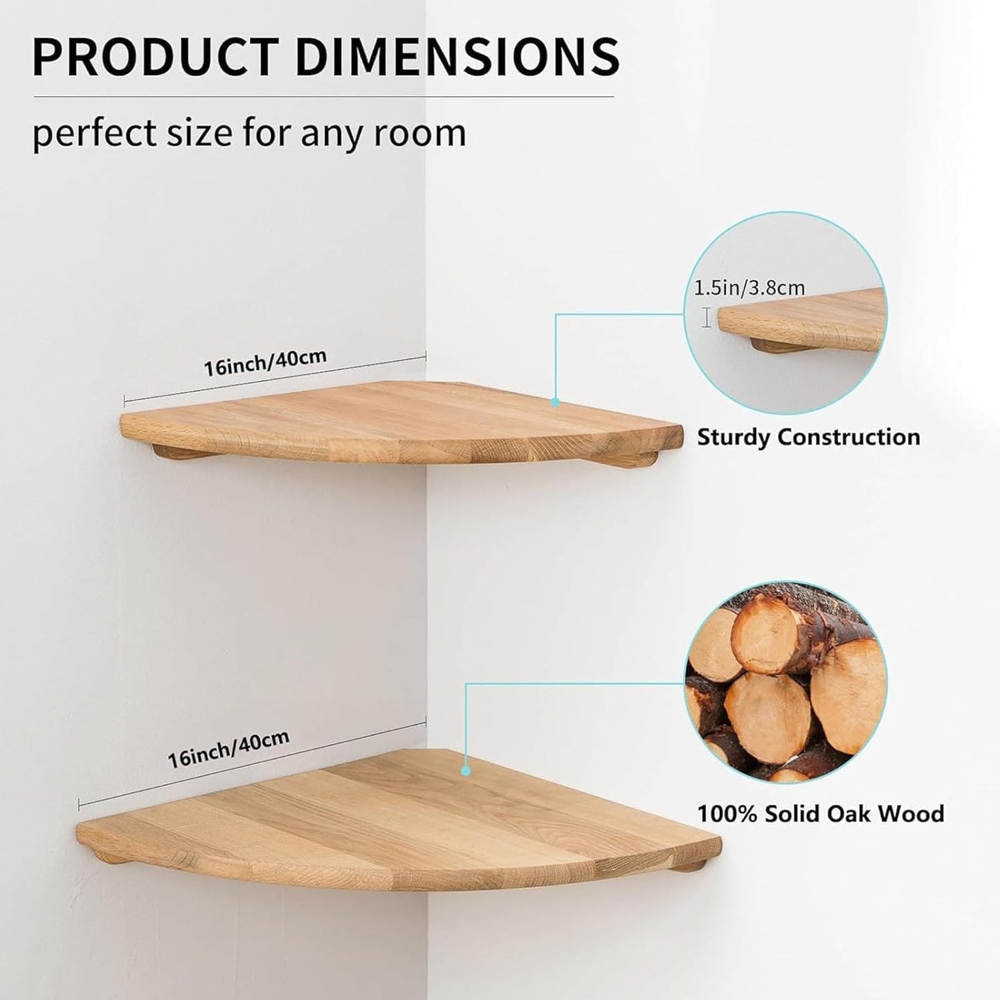 Corner Shelves, Floating Corner Shelf, Set of 2 7inch Solid Oak Wood Wall Shelves, Round End Wall Mount with Wire Hole Shelving for Small Plant for Bedroom Kitchen, Living Room