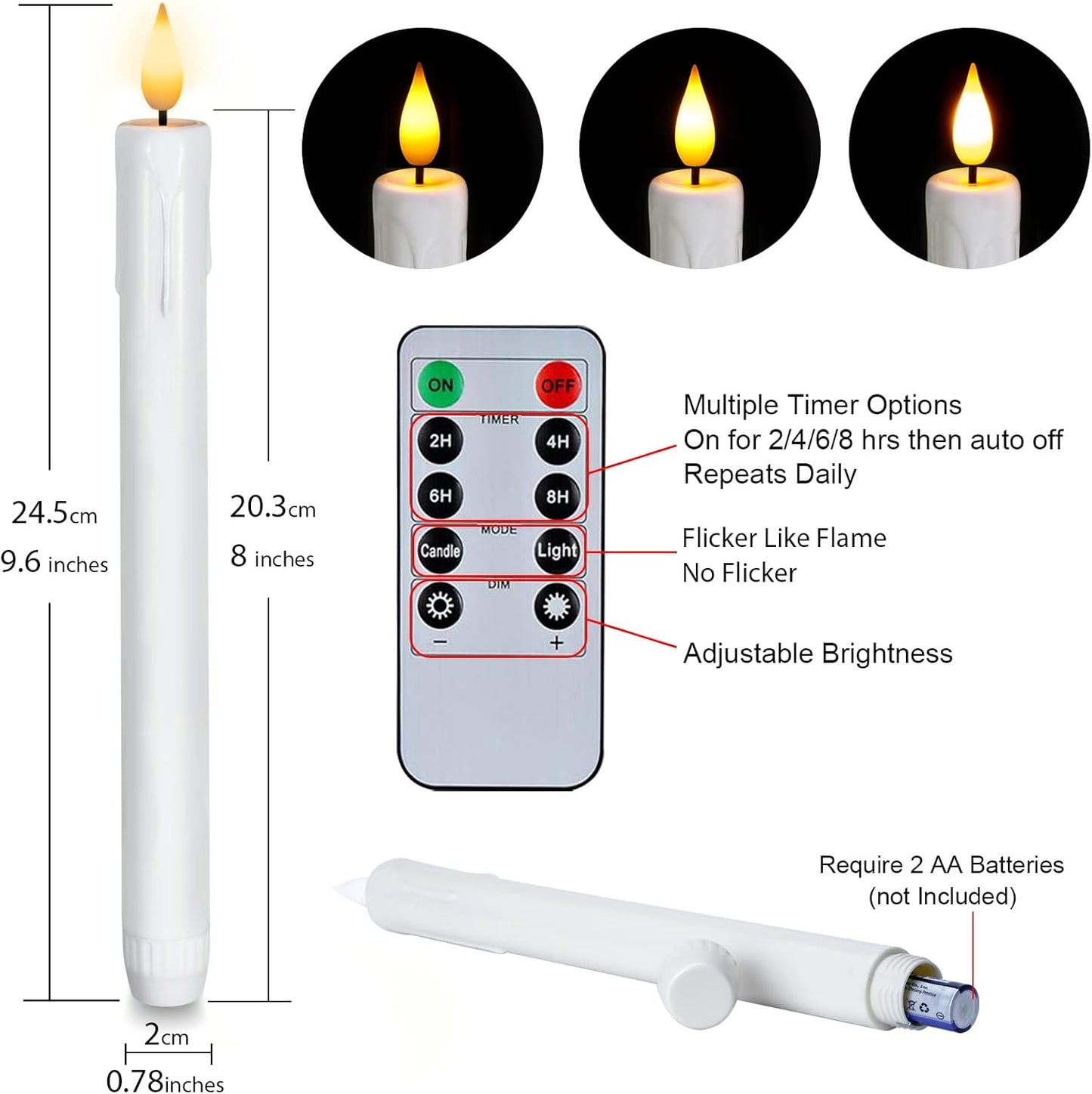 Homemory 6 Pcs Flameless Taper Candles with Remote, Timer, Dimmer, Ivory Battery Operated CandleSticks with Flickering Light, Plastic Led Window Candles, 9.6 Inches for Halloween Christmas Decoration