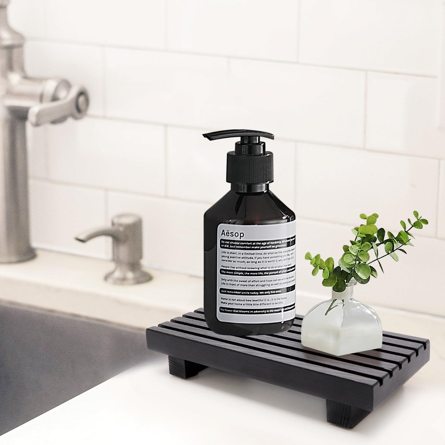 Renawe Farmhouse Bathroom Counter Tray Wood Display Pedesta Stand Kitchen Countertop Trays Decorative Wooden Riser Dish Soap Dispenser Holder for Bathroom Sink Accessories Kitchen Decor Vanity Tray