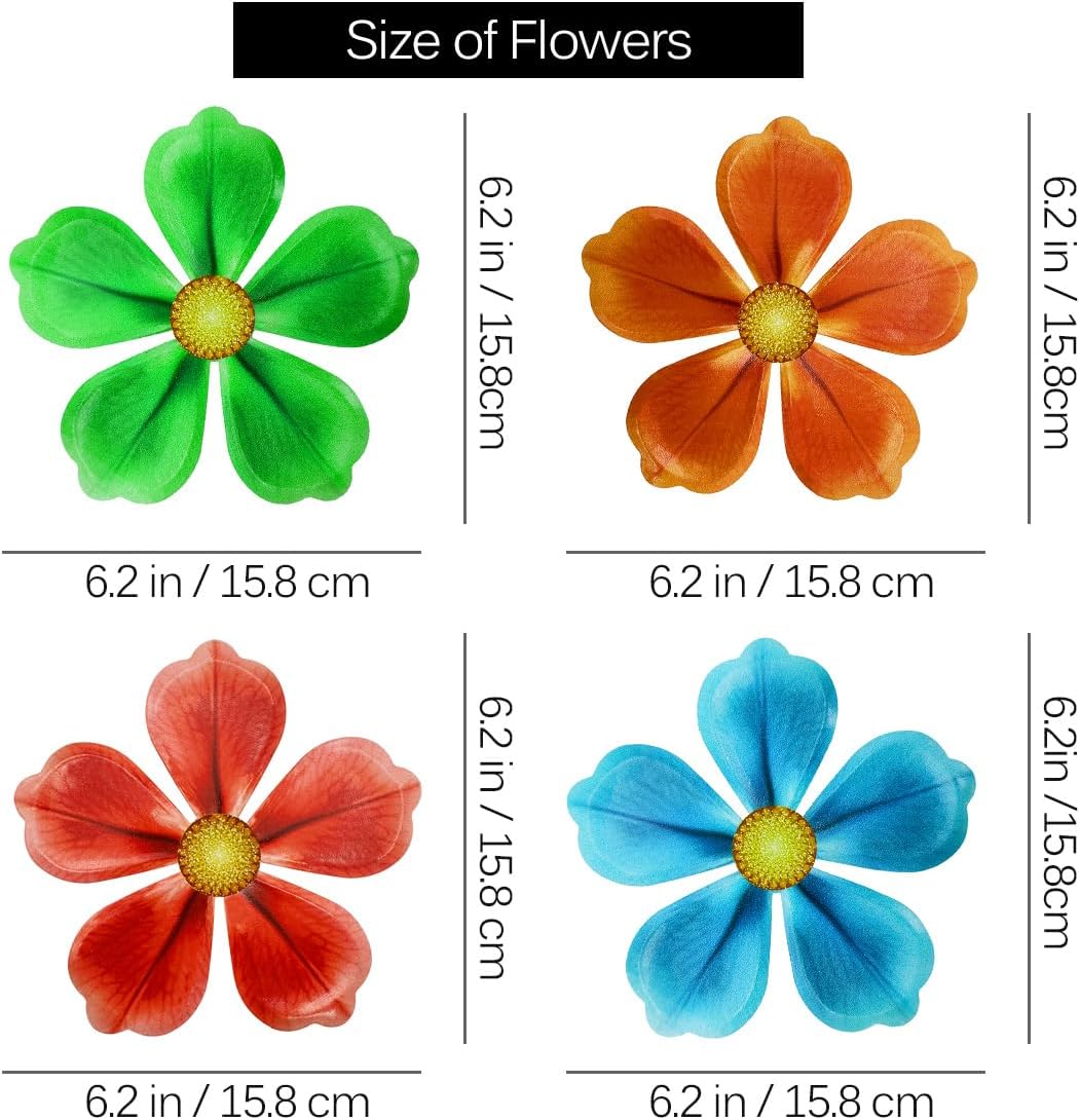 Giyyomtr Metal Flowers Wall Decor - 4pcs 6.2'' Metal Wall Art Hanging Decorations for Outdoor Fence Garden Yard Patio Exterior Wall Decor
