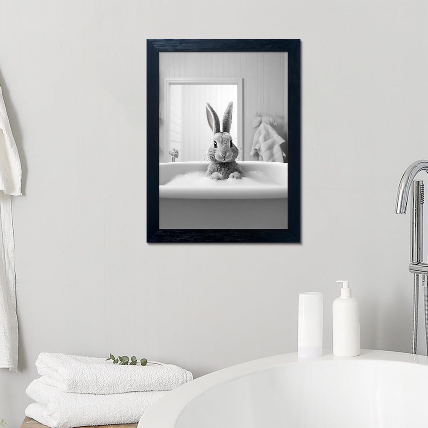 Bathroom Picture Wall Decor, Framed Black and White Bathroom Wall Art, Toilet Paper in Little Funny Raccoon's Hand Animal Canvas Print Painting