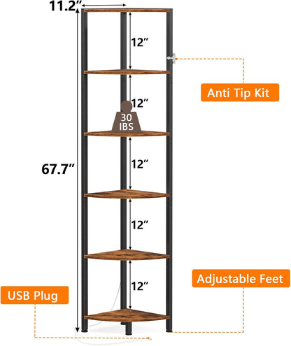 Furnulem 6 Tier Corner Shelf with LED Light, 67.5” Tall Standing Shelf Organizer, Black Narrow Bookshelf with Storage Rack for Wall Corner, Living Room, Bedroom, Metal Frame, Wood Display Shelf