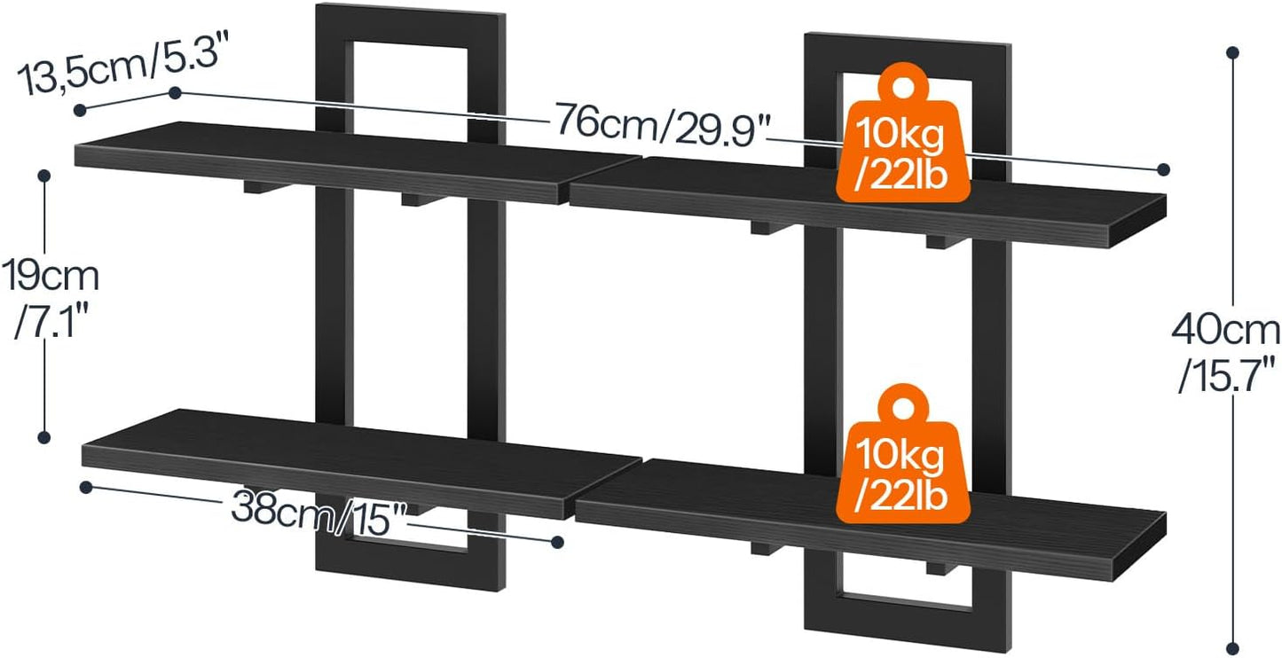 HOOBRO Floating Shelves, 15 Inch Wall Shelf Set of 2, Wall Mounted Storage Shelves 2-Tier, Hanging Bathroom Shelves, for Living Room, Bedroom, Bathroom, Kitchen, Rustic Brown and Black BF32BJ01G1