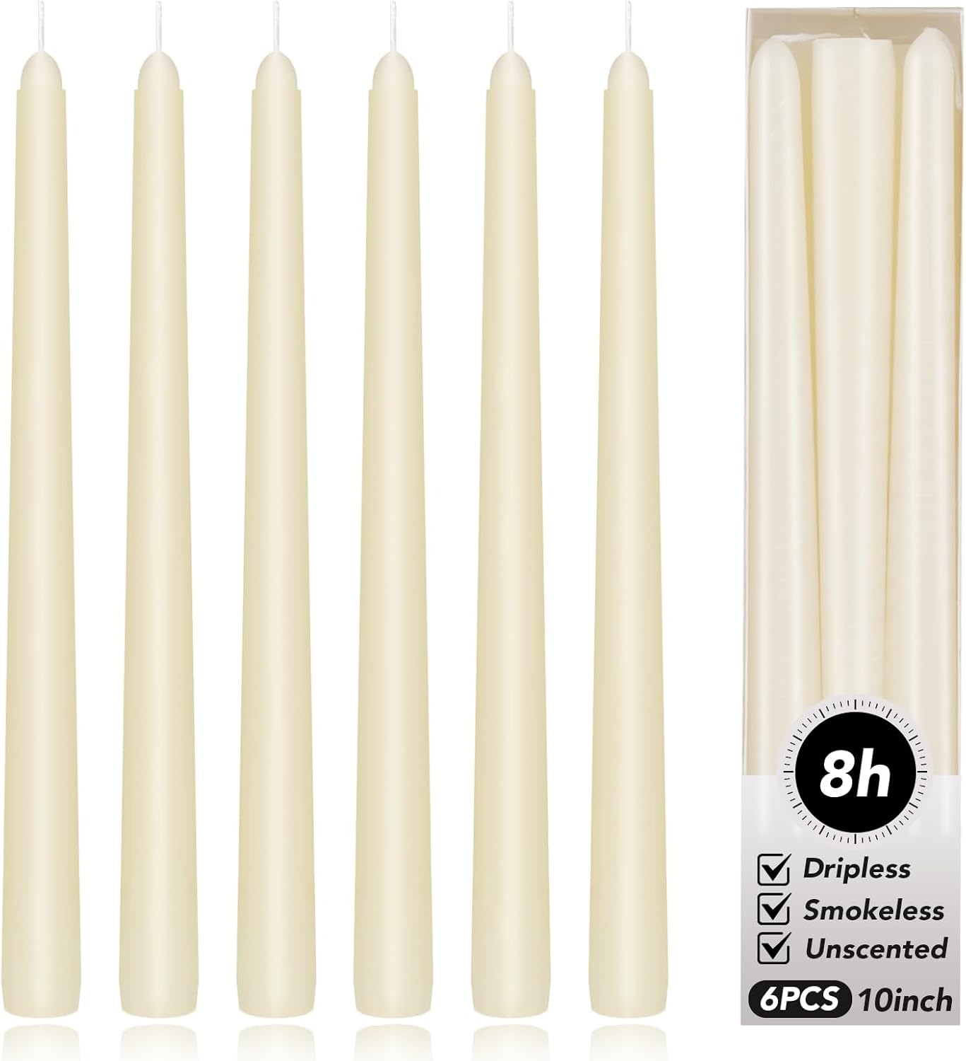 KORCCI Ivory Taper Candles 10 Inch - Set of 6 Long Candles, 8 Hours Long Burning, Smokeless & Unscented & Dripless, for Christmas Holiday Décor, Weddings, Birthdays, Dinner, Rituals (Ivory)