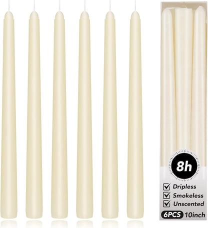 KORCCI Ivory Taper Candles 10 Inch - Set of 6 Long Candles, 8 Hours Long Burning, Smokeless & Unscented & Dripless, for Christmas Holiday Décor, Weddings, Birthdays, Dinner, Rituals (Ivory)