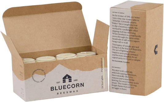 Bluecorn Beeswax Tea Light Candles, 100% Pure Natural Bees Wax, Yellow Tea Lights, Fragrance Free, Paraffin & Soy Free Candle Wax, Clean Burning, Long Lasting (4-5 Hrs), American Made, 24 Pack