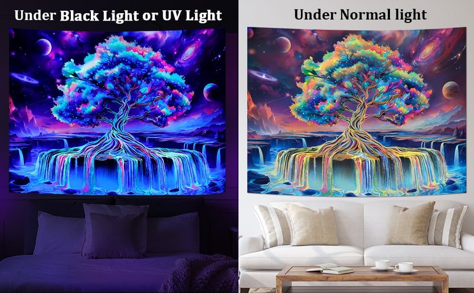 Obsecolors Blacklight Tree of Life Tapestry UV Reactive Waterfall Tapestry Galaxy Space Aesthetic Tree Wall Tapestries Colorful Starry Sky Tapestries Wall Hanging for Bedroom