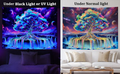 Obsecolors Blacklight Tree of Life Tapestry UV Reactive Waterfall Tapestry Galaxy Space Aesthetic Tree Wall Tapestries Colorful Starry Sky Tapestries Wall Hanging for Bedroom