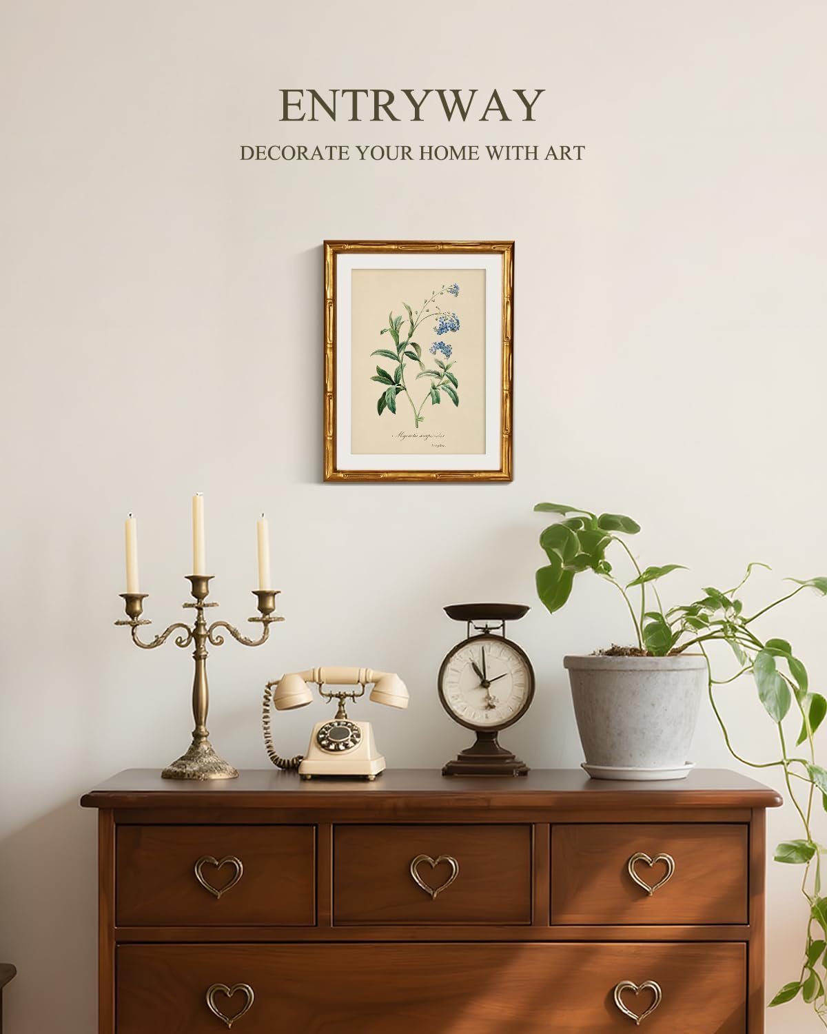 InSimSea Gold Bamboo Framed Canvas Wall Art, Retro Blue Hydrangea Botanical Prints, Antique Flowers Picture Frame with Mat, Victorian Home Wall Decor for Kitchen Living Room Bedroom, 11x14inch