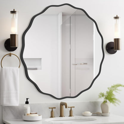 WallBeyond Round Wavy Mirror for Wall Decorative 24 inch, Modern Round Mirror Aluminum Frame for Bathroom Bedroom Living Room Home House Office Entryway, Gold