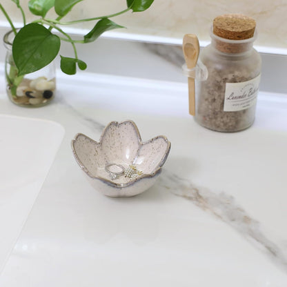 Pink Flower Ring Dish Holder,Jewelry Dish Tray,Small Trinket Tray,Jewelry Plate Bowl,Key Bowl,Decorative Plate,Mothers Day Birthday Gifts for Women Friends,Ceramic Kiln effect White