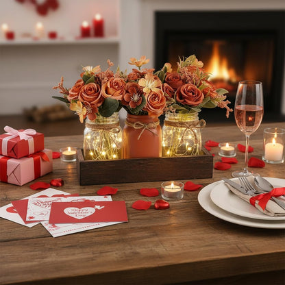 Mkono Mason Jar Lights Centerpiece Table Decor for Dining Room Farmhouse Wood Tray with 3 Jars Flowers Valentines Day Decoration for Coffee Table Kitchen Living Room Wedding